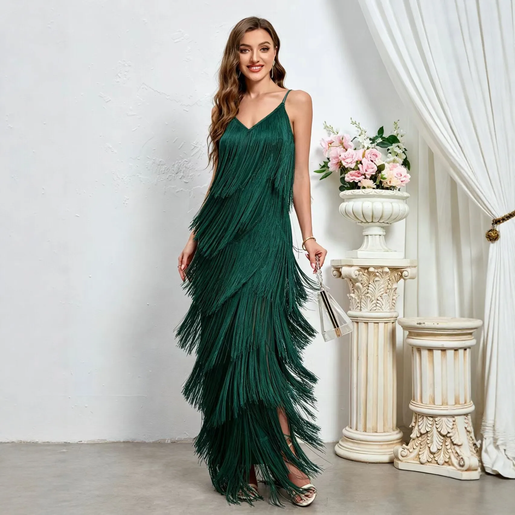 Sexy Sleeveless Evening Dress Long Maxi Dress with Tassel for Party Spring Summer Matching Set