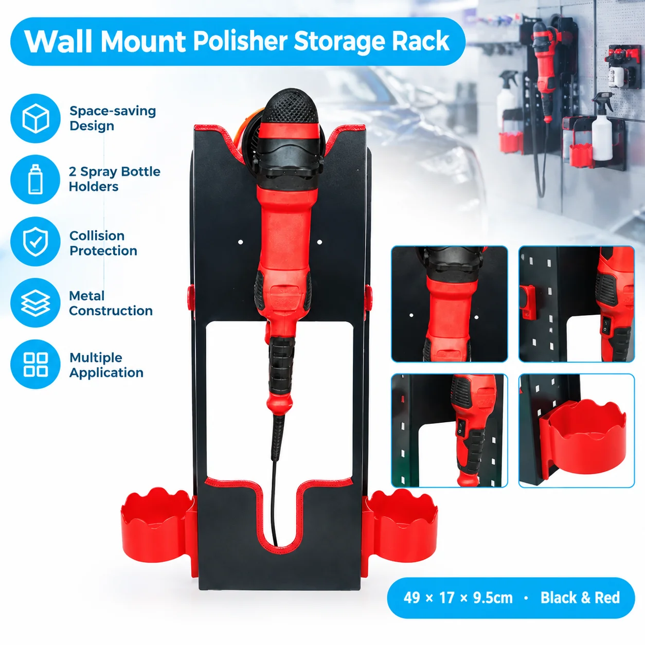 Wall Mounted Polisher Holder Cold Rolled Steel Storage Rack with Spray Bottle Hooks for Car Detailing Garage Organizer