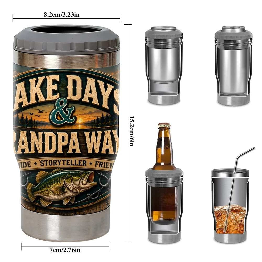 Reel Cool Grandpa Vacuum Flasks 4-in-1 Stainless Steel Can Cooler Insulated Beer Soda Coffee Holder Dual Lids Fits 12oz - view 4