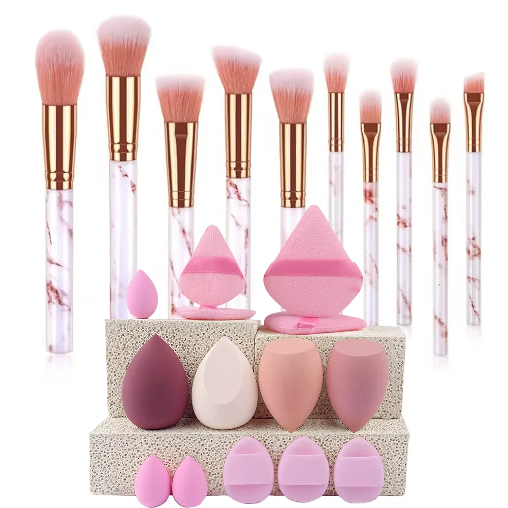 10Pcs Marble Makeup Brush Set Soft Synthetic Cosmetic Brushes with Flocking Sponge Puff Face Eye Makeup Tools for Women