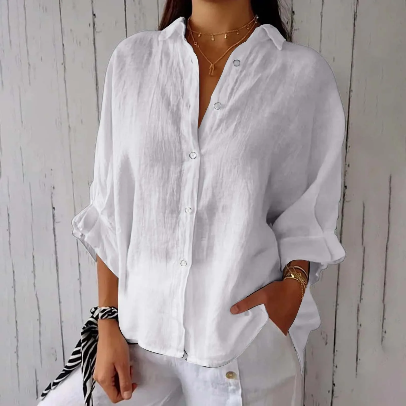 Ladies Summer Cotton And Linen Tie Back Design Shirt Loose Blouse Casual Top Matching Flannel Shirts for Couples