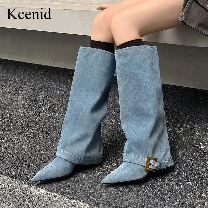 

Kcenid Women's Elegant High-Heeled Knee High Boots Pointed Toe Pull On Belt Buckle Autumn Winter Party Shoes Size 34-42