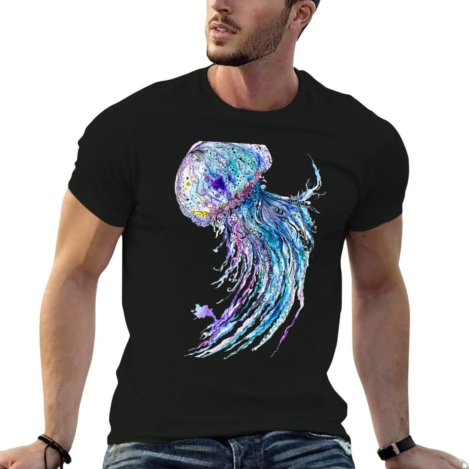 

Jelly fish watercolor and ink painting T-Shirt t shirts for man pack cotton funny t shirts man T-Shirt