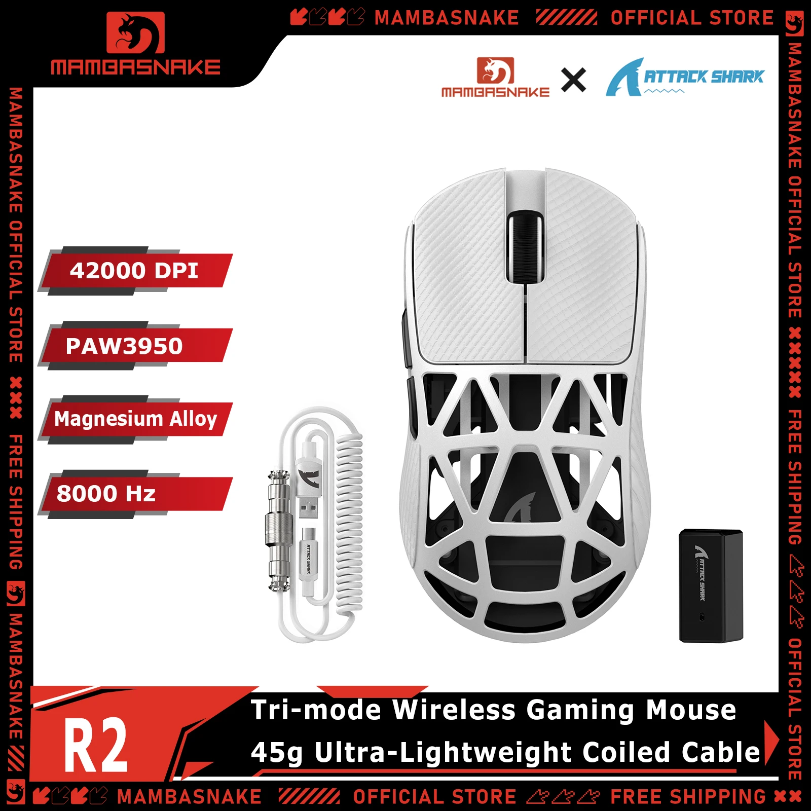 

ATTACK SHARK R2 Magnesium Alloy Tri-Mode Gaming Mouse With Mouse Coiled Cable 45g Ultra-Light PAW3950 42000 DPI 8K RGB