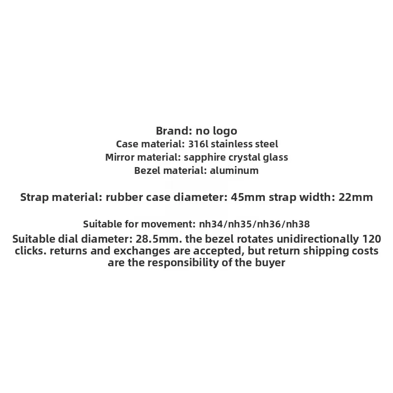 تعديل علبة 45 مللي متر لطراز أذن البحر 316L حافظة سوداء من الفولاذ المقاوم للصدأ بحزام مطاطي لحركة NH36/34/38
