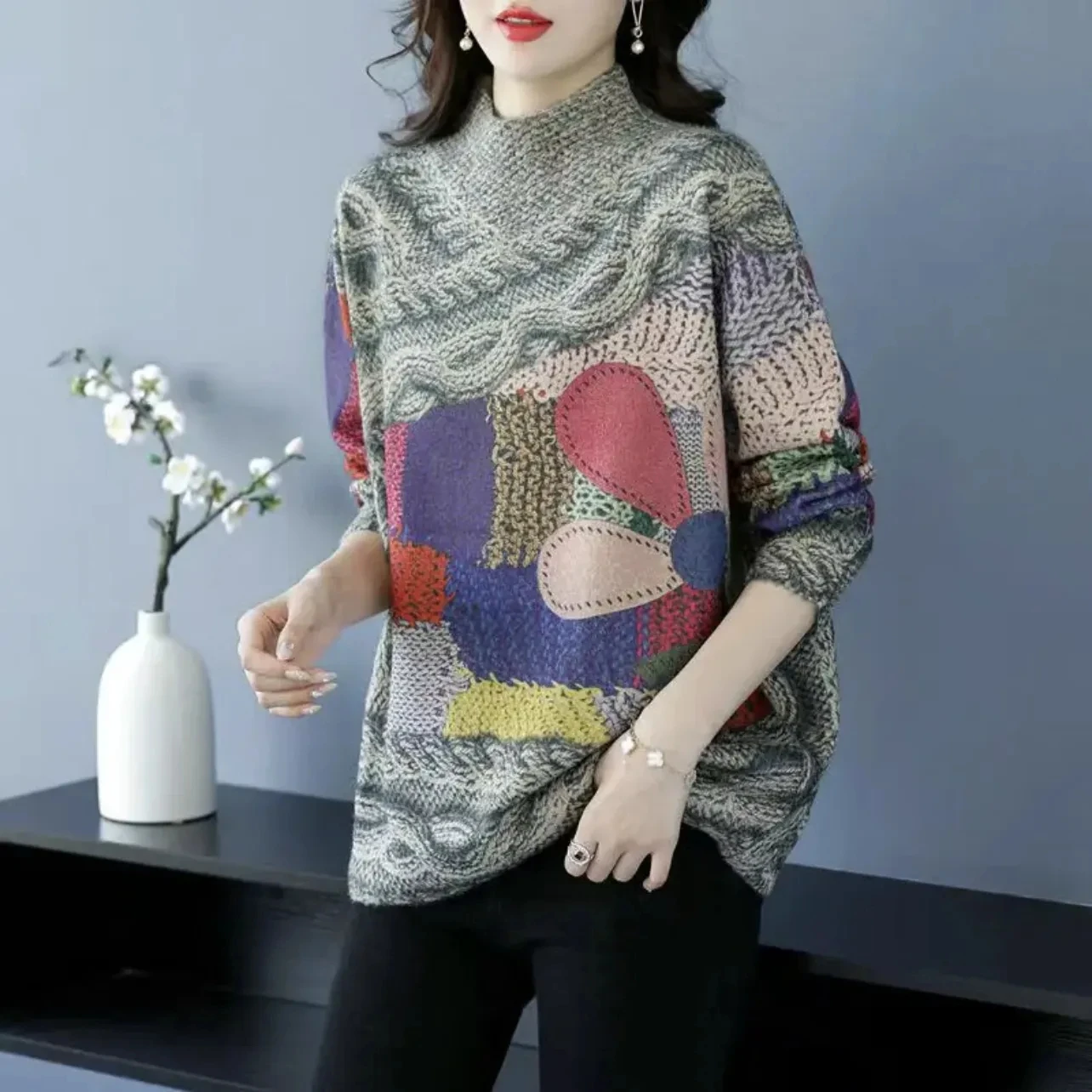 Plush Fashion Mid Length Semi High Neck 2025 New Fashion Trend Long Sleeved t-shirt For Women Stylish Middle-aged Mom Outfit top