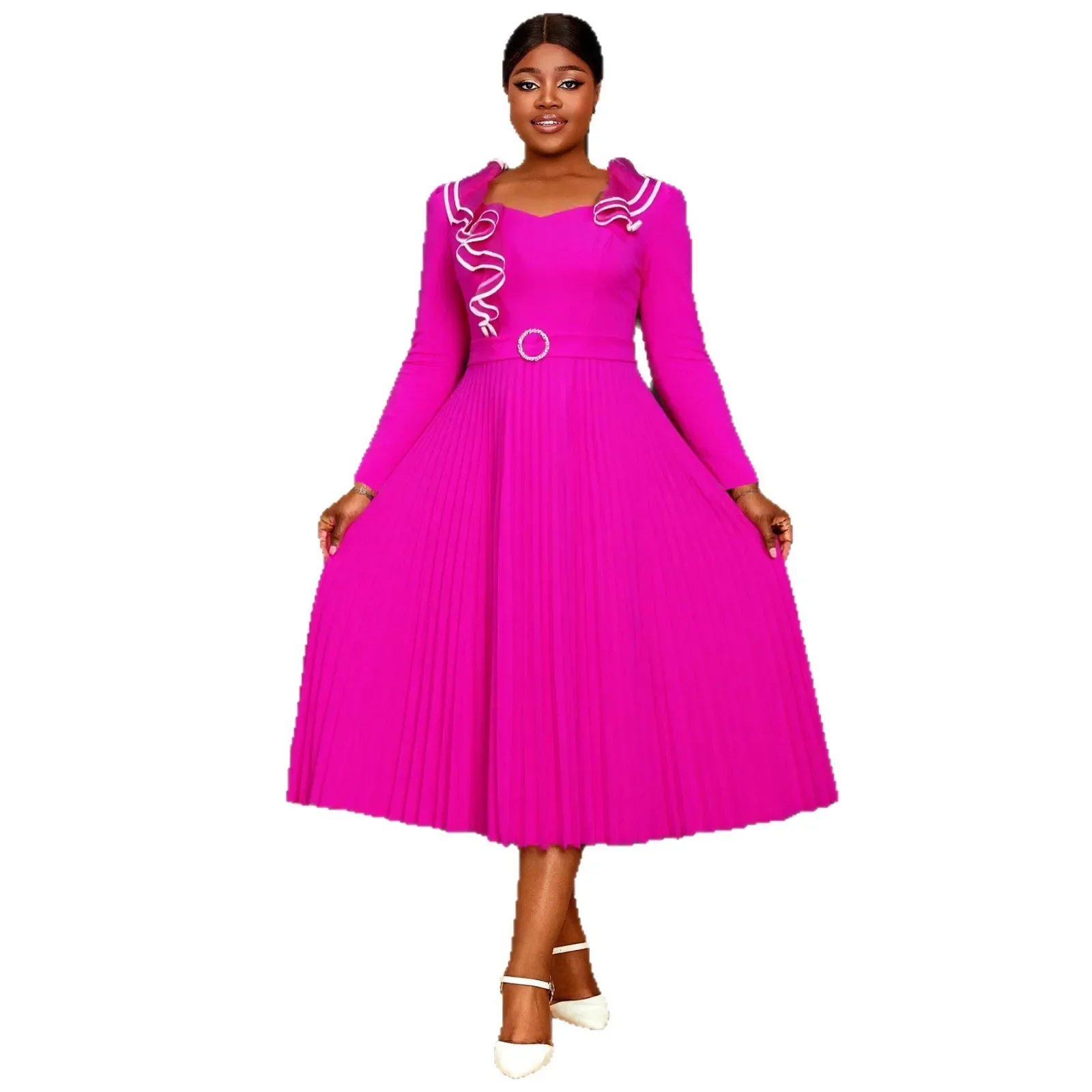 

Plus Size African Dresses for Women Dashiki Autumn African Long Sleeve V-neck Elegant Pleat Midi Dress Africa Clothing Outfits