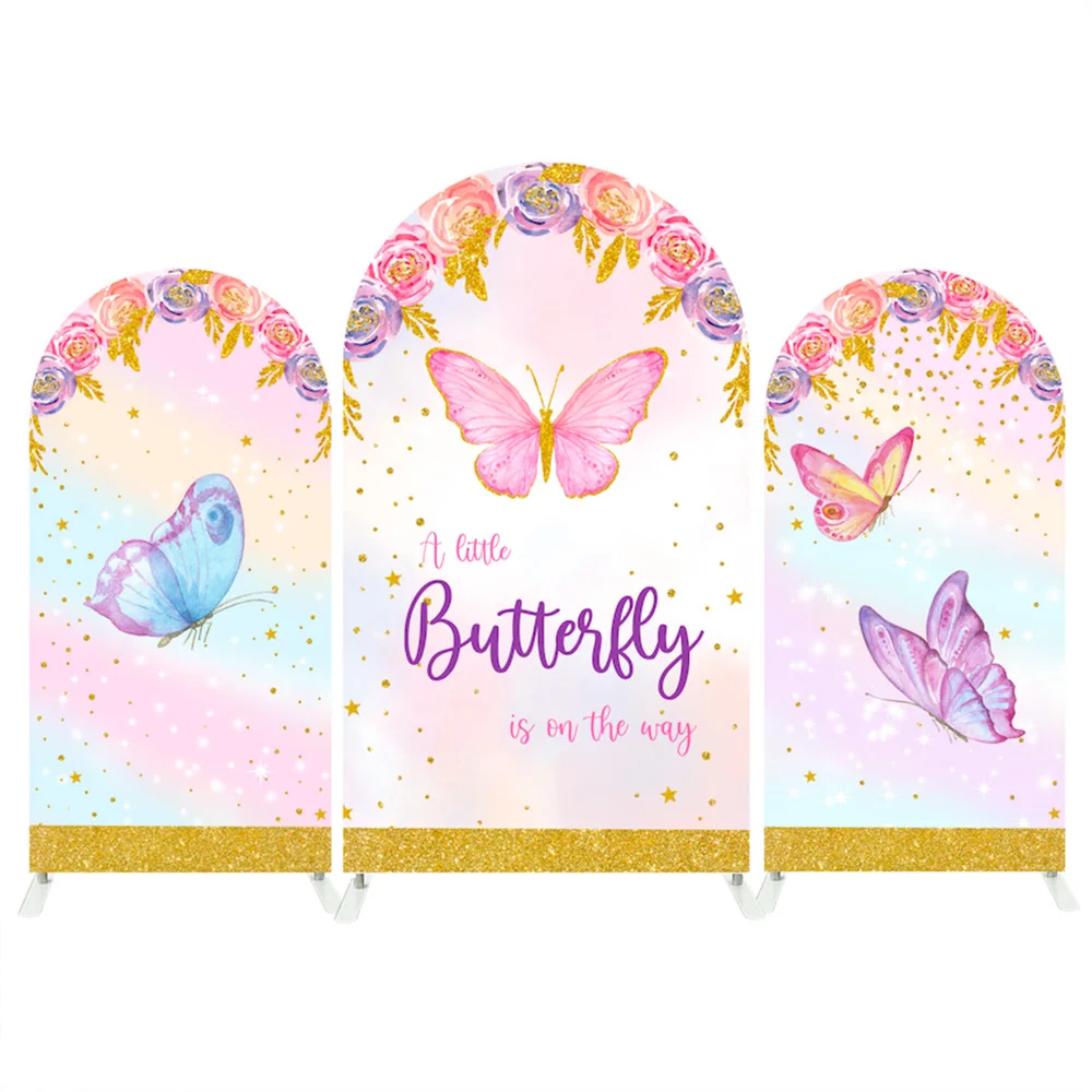 

LS Girl 1st Birthday Party Arch Cover Backdrop Pink Butterfly Flower Gold Glitter Rainbow Background Newborn Photo Studio