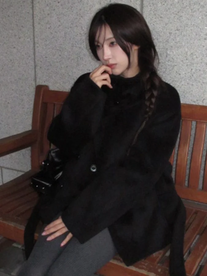 

Chic Retro Lazy Stand Collar Woolen Coat Women's Winter Design Cotton Lined ort Coat Thiened Long Sve Pure Color