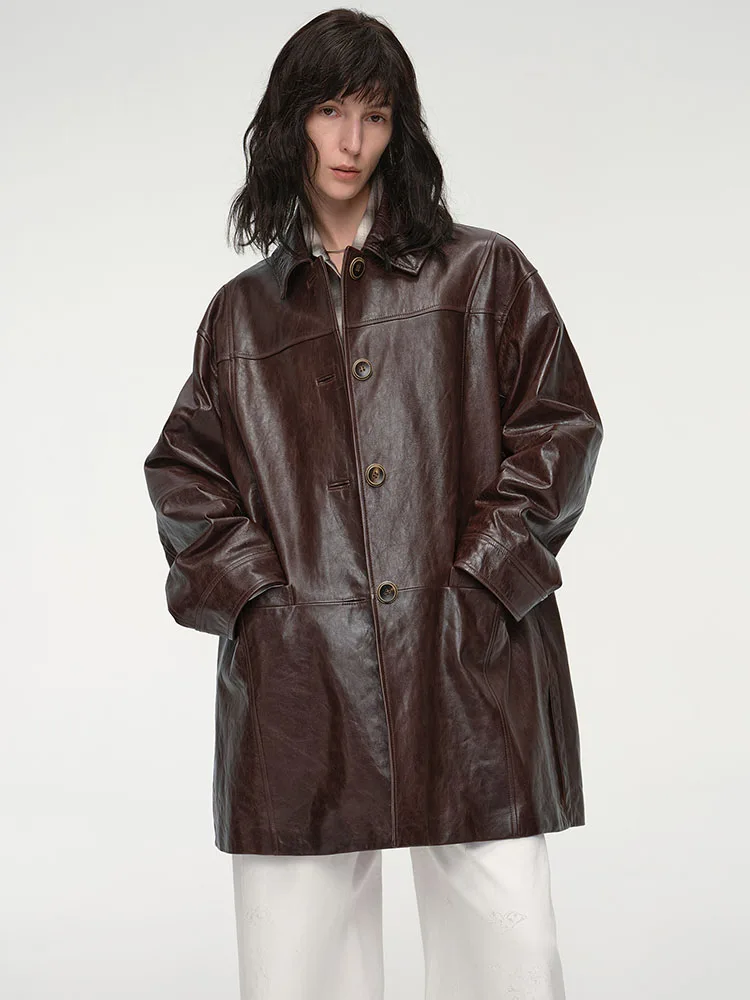 

Mid-length Genuine Leather Windbreaker Jacket for Women Spring Autumn High-end Simple Vintage Oil Wax Real Goatskin Leather Coat