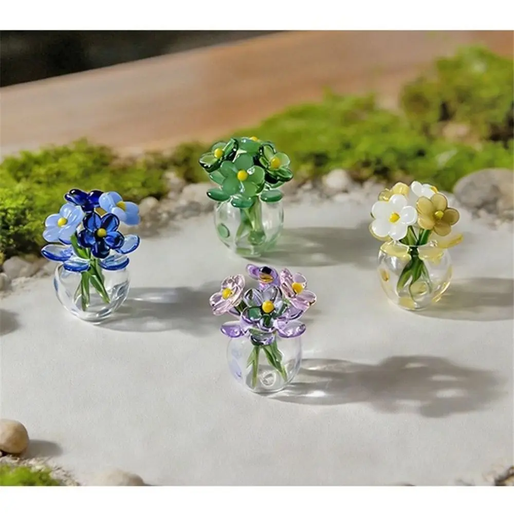 Mini Glass Flower Decor Colored Glaze Simulation Floral Handcrafted Floral Sculpture Glass Flower Bouquet Home Room Decoration