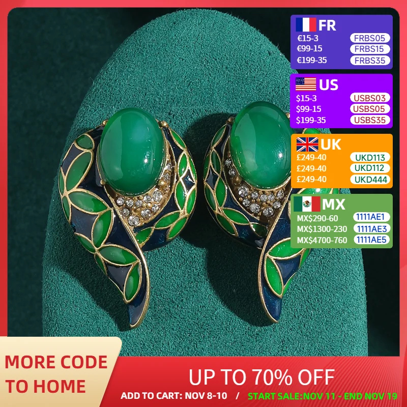 

Bohemian Jewelry Vintage Stud Green Earrings Jade Leaf Enamel For Woman Charm Luxury Statement Antique Gold Color Accessories