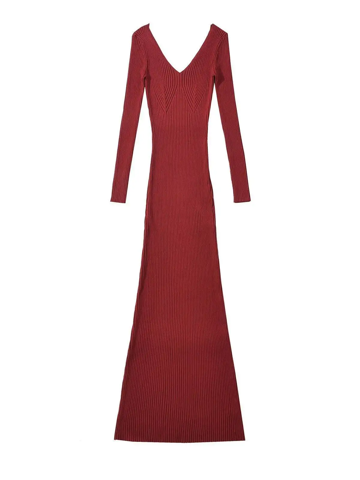 2025 Otoño/Invierno nuevo vestido de punto de manga larga con espalda descubierta y cuello en V para mujer estilo francés ceñido cintura envolvente vestido ajustado a la cadera VVDR