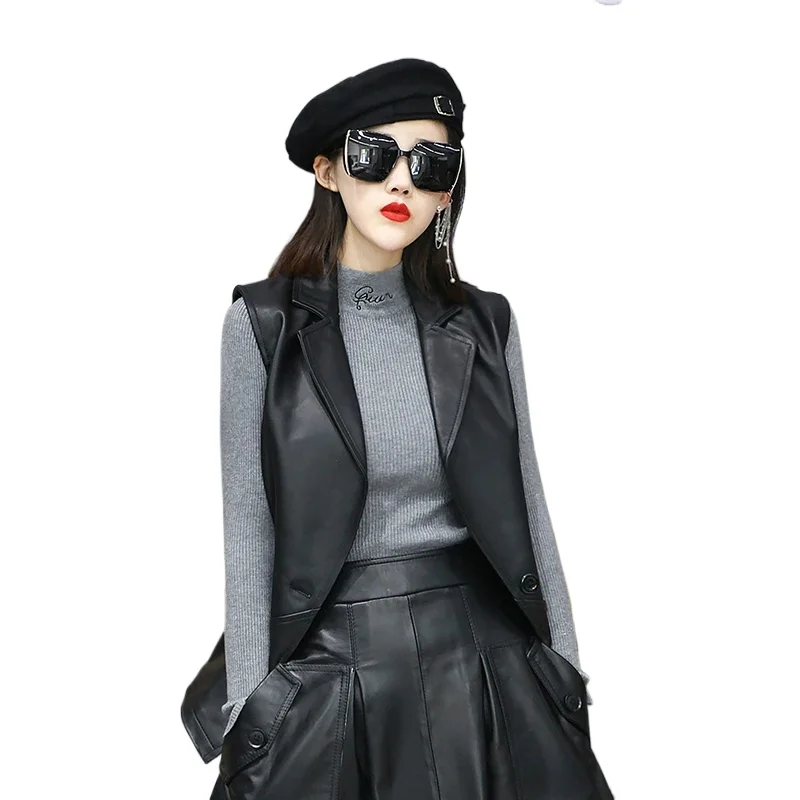 Tajiyane Weste Frauen Leder Weste Schaffell Eine Taste V-ausschnitt Leder Weste Mode Lässig Vielseitige Ärmellose Weste FCY110