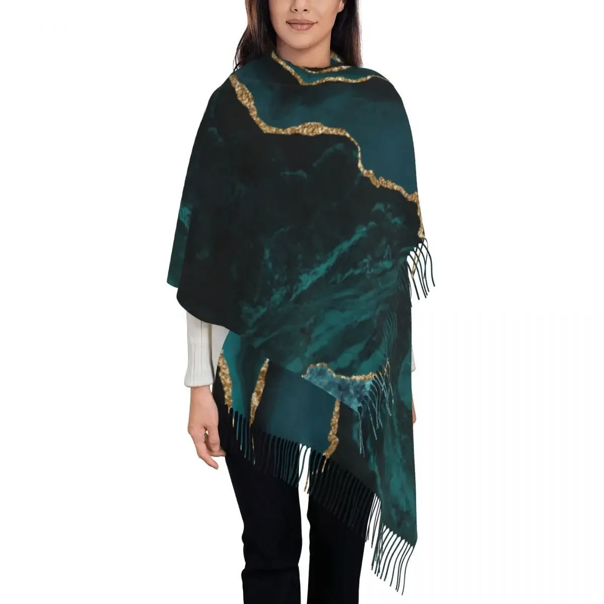 Stylish Teal And Gold Veins Agate Marble Texture Tassel Scarf Winter Fall Warm Shawls Wraps Female Pure Teal Gemstone Scarves