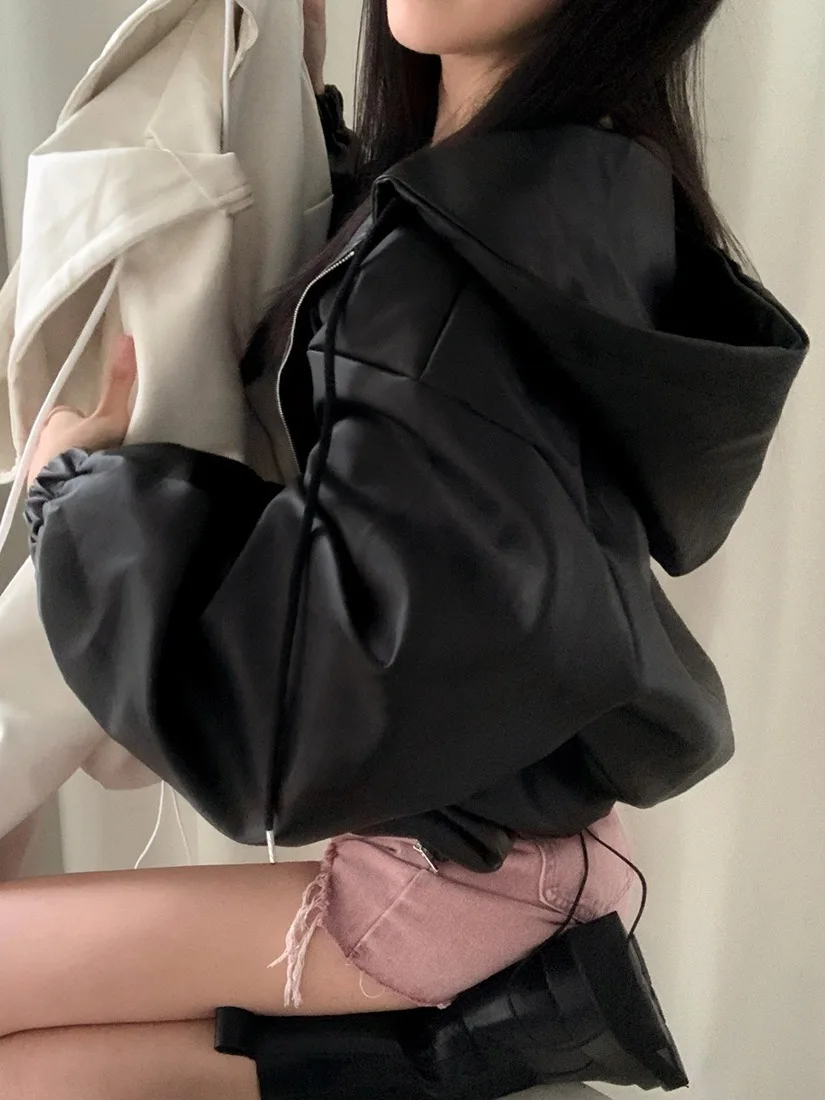  chaqueta de cuero con capucha y cremallera hoada Vintage para mujer, ropa de abrigo de estilo corto con cordón en la c...