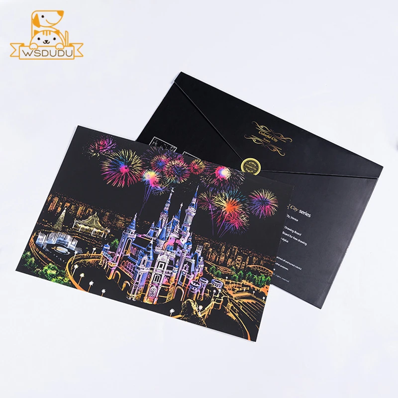 4PCS Scratch Paper grande carta da pittura gioco magico scena notturna fiori di ciliegio castello animali disegno giocattolo artigianato artistico