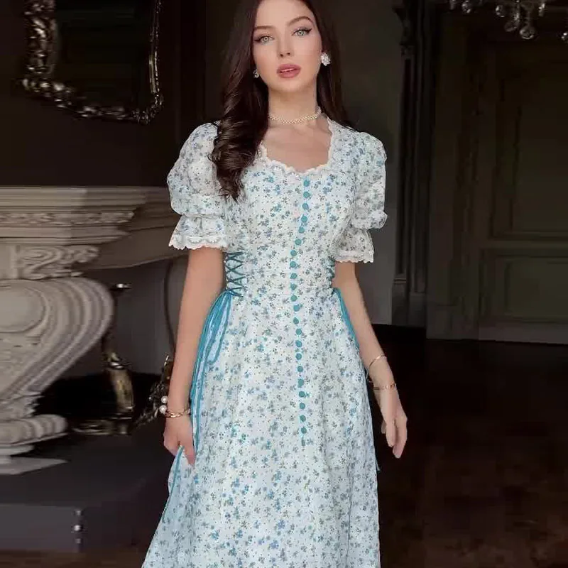 Verão 2025 novo design transfronteiriço u-ne renda floral impressão longa dr feminino malha a linha saia Thiened verão dr