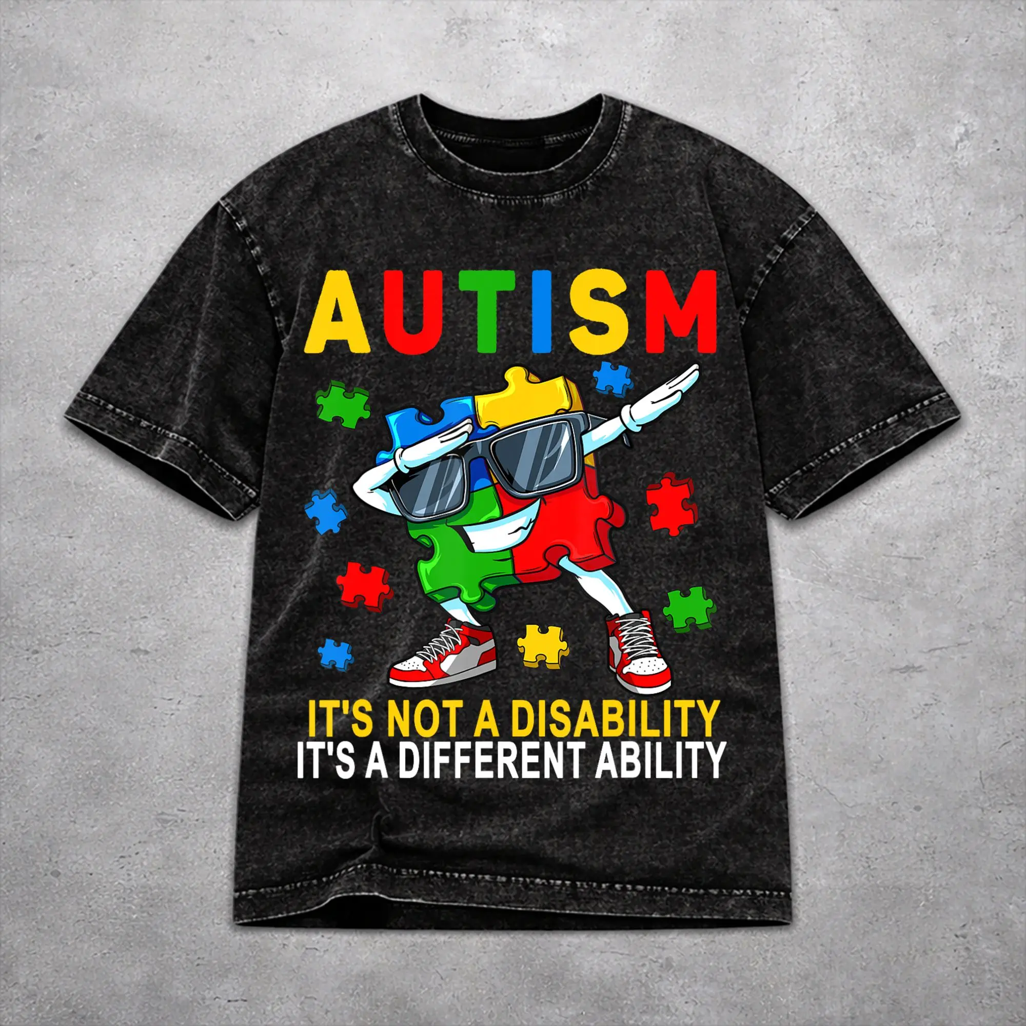 Dabbing Puzzle Autism Awareness Washed T Shirt Vintage Streetwear for Men Women  Loose T-Shirts Tee Short Sleeve