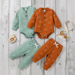 2pcs Baby Boys Long Sleeve Print Cartoon Sun Bodysuit With Button+ Pant For Autumn/Spring pastorale Set