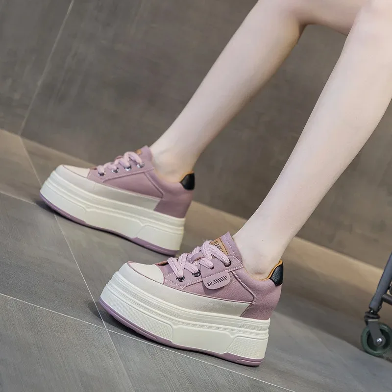 

9cm High Quality Cow Suede Genuine Leather Women Vulcanized Shoes Platform Wedge Skate Boarding High Brand Heels Casual Shoes