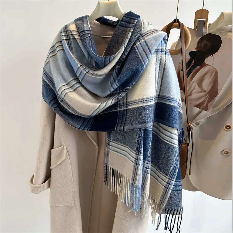 Imitation Cashmere Checkered Scarf Women Autumn Winter Warm Tassel Scarves Fashion Shawl Grid Leisure Neckerchief Europe America