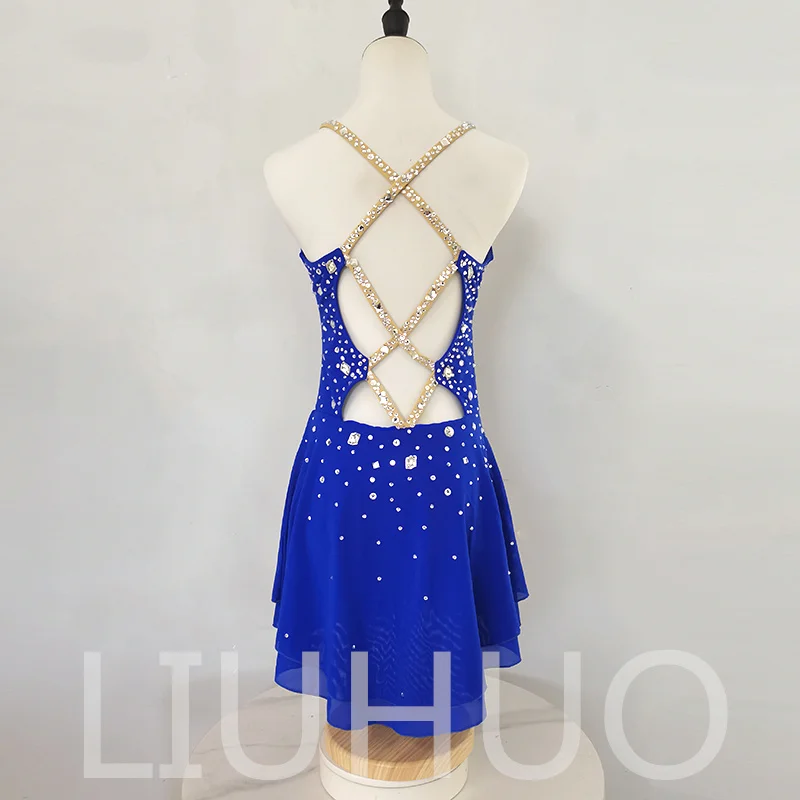 LIUHUO Ice Skating Dress Women Girls Spandex Soild Blue Figure Skating Roller Gymnastics Skating Belly Skirt