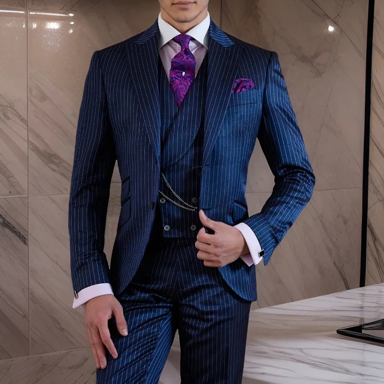 Stripe Fashion Men Suits Wedding Party Blazer Sets Groomsmen Wear Casual Custom Groom Tuxedo 3 Pcs (Jacket + Pants + Vest)