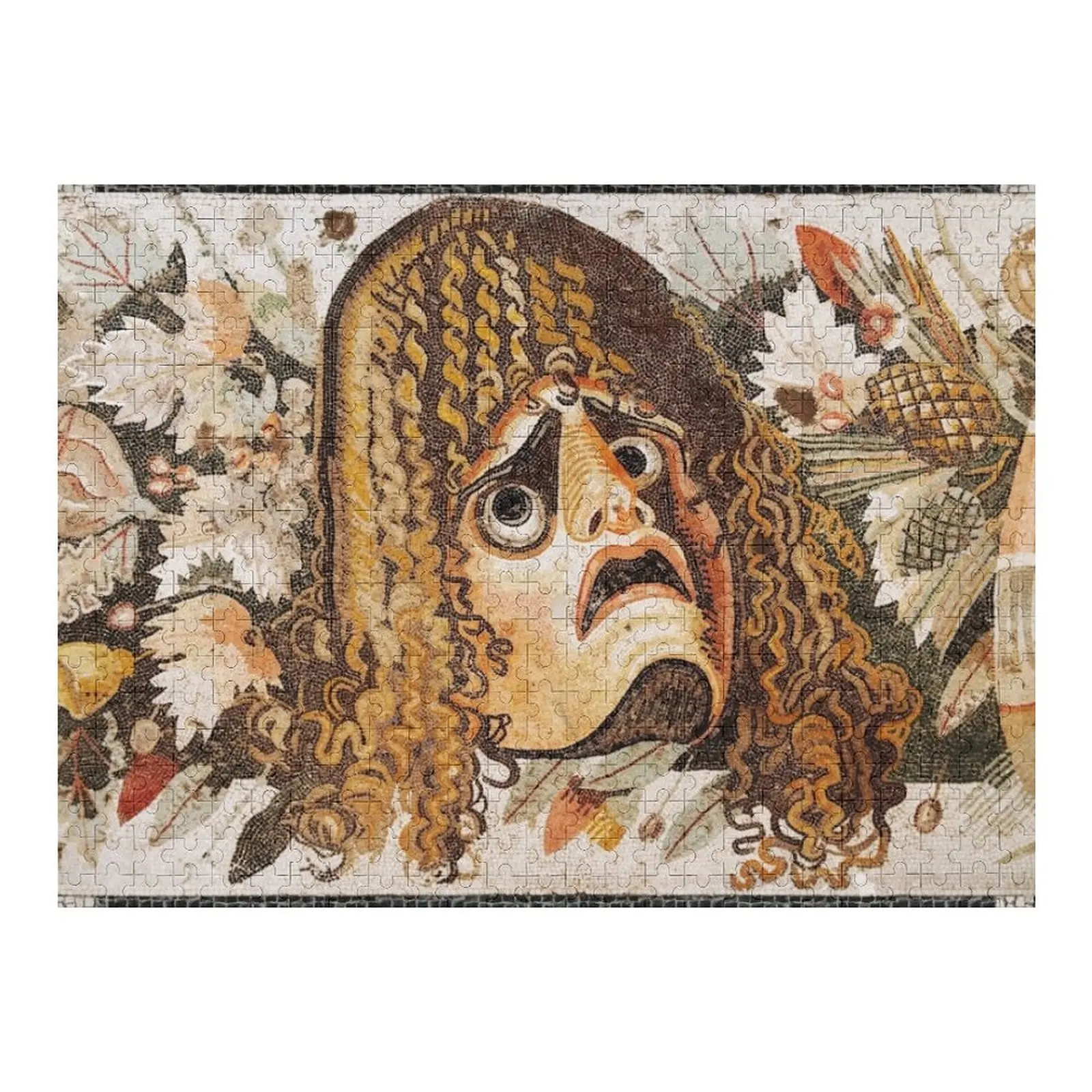 

POMPEII ,ANTIQUE ROMAN MOSAICS ,GREEK TRAGEDY THEATER MASK WITH FALL LEAVES AND PINE CONES Jigsaw Puzzle Photo Custom Puzzle