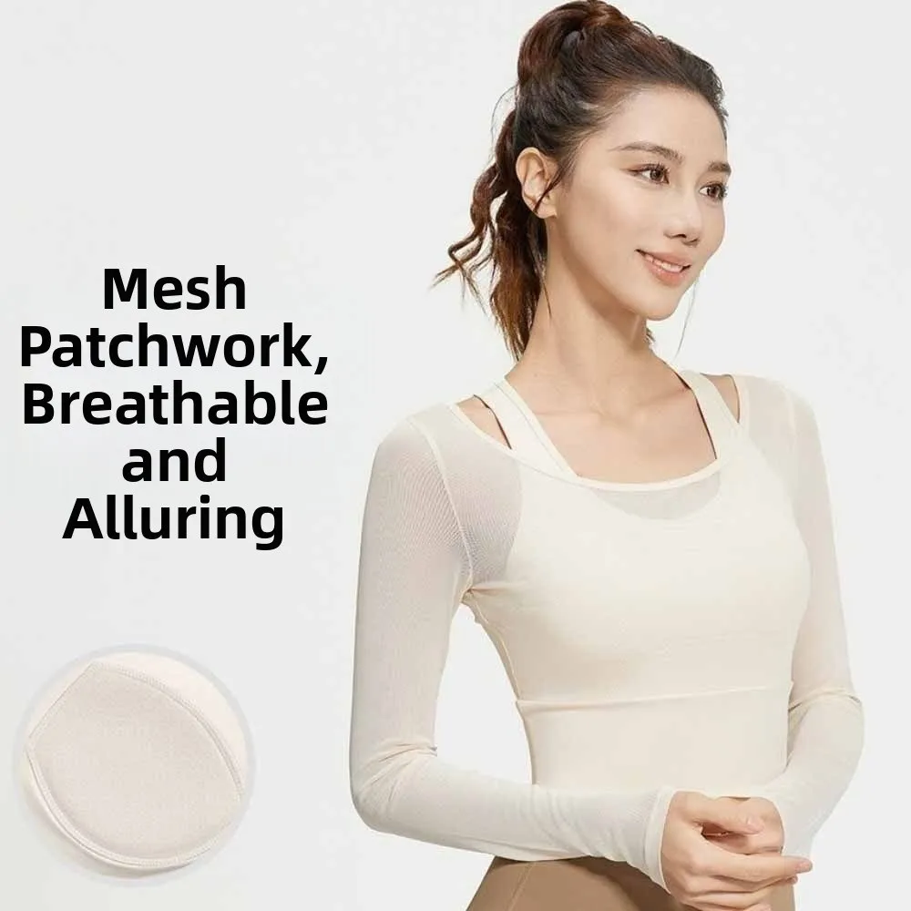 Long Sleeved Fitness Yoga Top Fixed Chest Pad Slimming Design Yoga Shirts Mesh Splicing Breathable Women Sports Top
