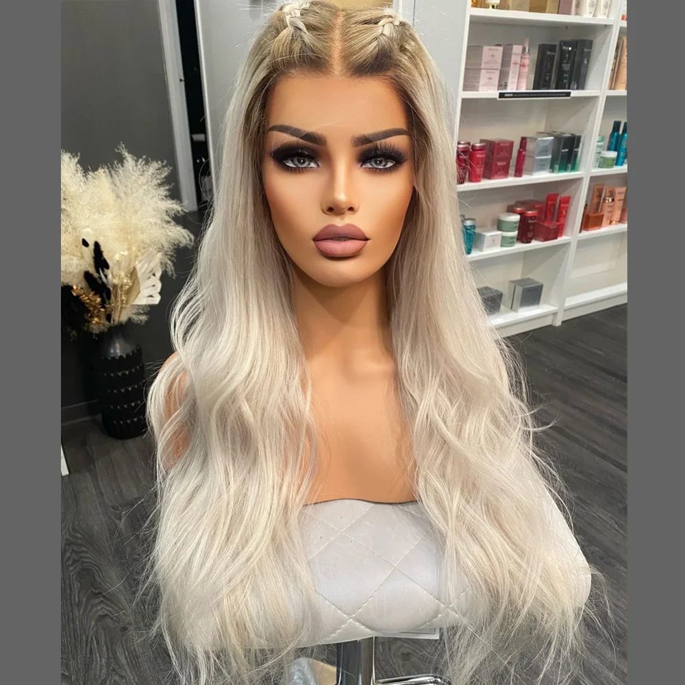 Ombre Platinum Blonde 13x6 Lace Frontal Human Hair Wigs for Women #60 Natural Wave Full Lace Wig with Baby Hair Pre plucked