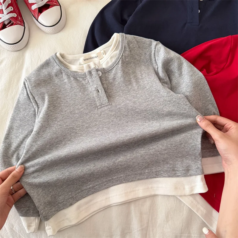 Children's Long Sleeved T-shirt 2026 Autumn New Product Children's Fake Two-piece T-shirt, Baby Round Neck Base