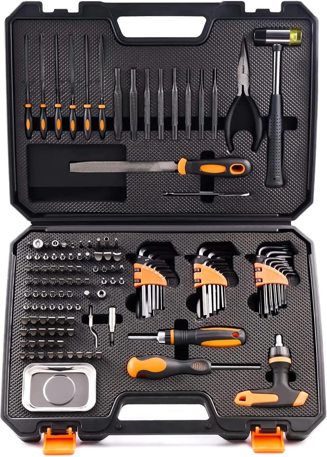 

Screwdriver Set Repair Kit with Hex Key, T-BAR Ratchet Wrench, Bits, Adapters, Pin Punches, Rubber Mallet - 138-Piece