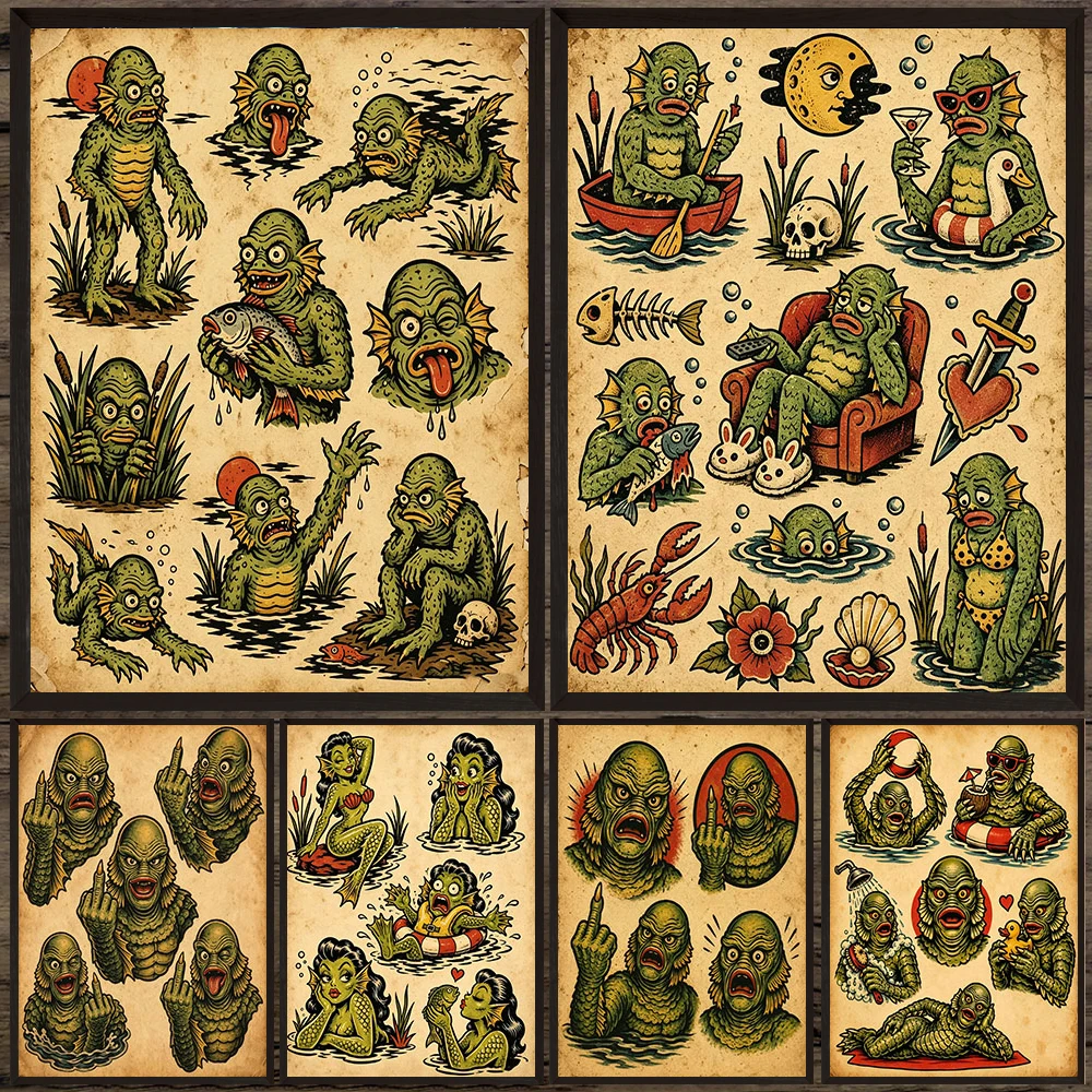 Retro Swamp Creature Tattoo Flash Sheet Canvas Print Vintage Gill Man Monster Poster Old School Horror Wall Art Man Cave Decor