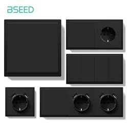 BSEED 1/2Gang Mechanical Button Switches 1Way EU Wall Sockets With USB Power Outlets Plastic Panel No LED Lights Black Series