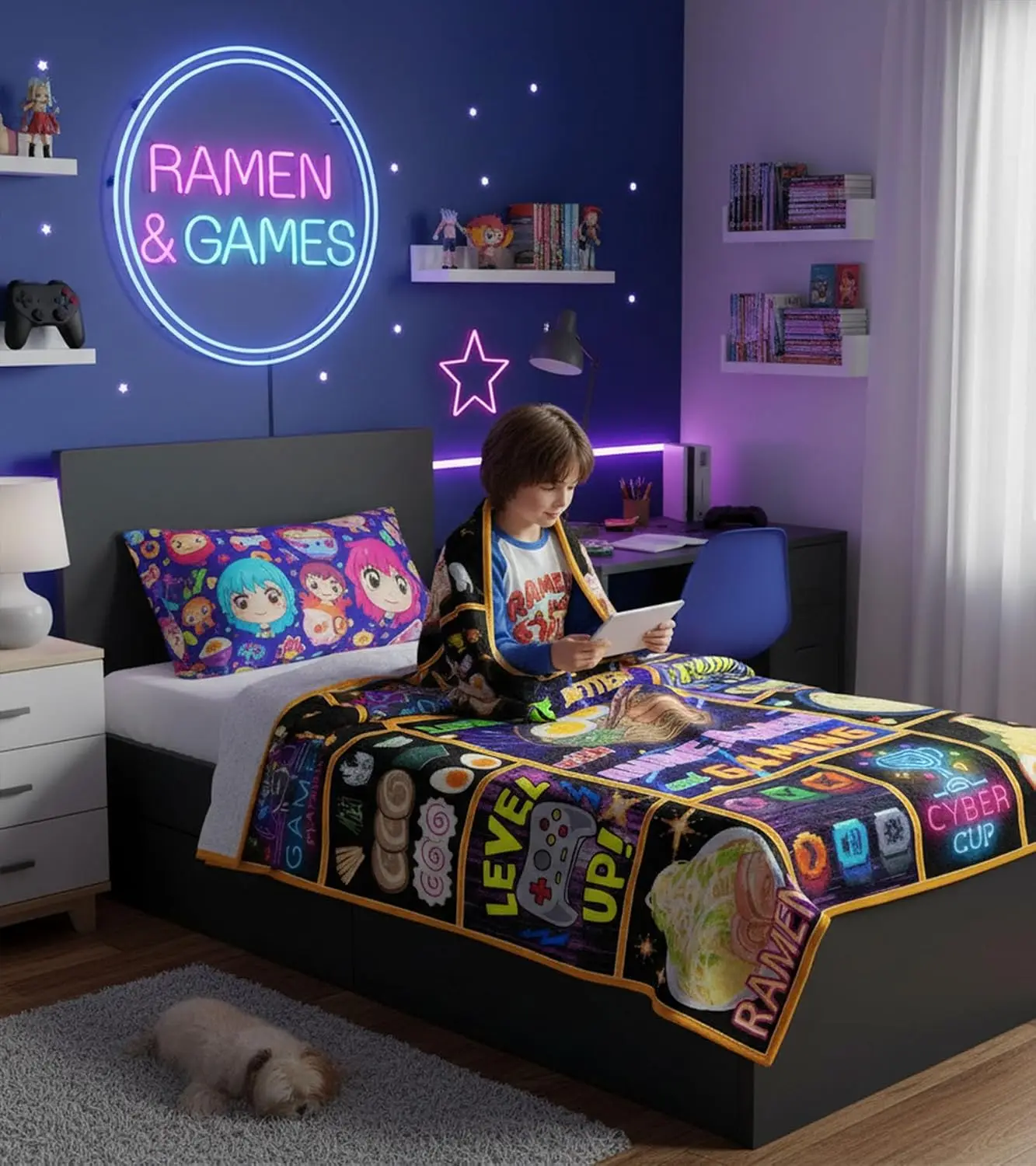 Anime Ramen Game Pixel Neon Print Flannel Throw Blanket Soft Cool Black Sofa Bedroom Trendy Teen Hobby Home Decor Present