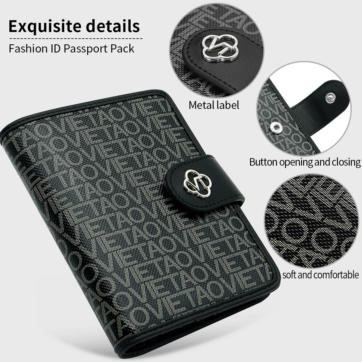 Portfel podróżny VIETAO z wieloma przegródkami na dokumenty, miejscem na długopis i przegródką na monety, portfel na paszport ze skóry PU z nadrukiem liter.