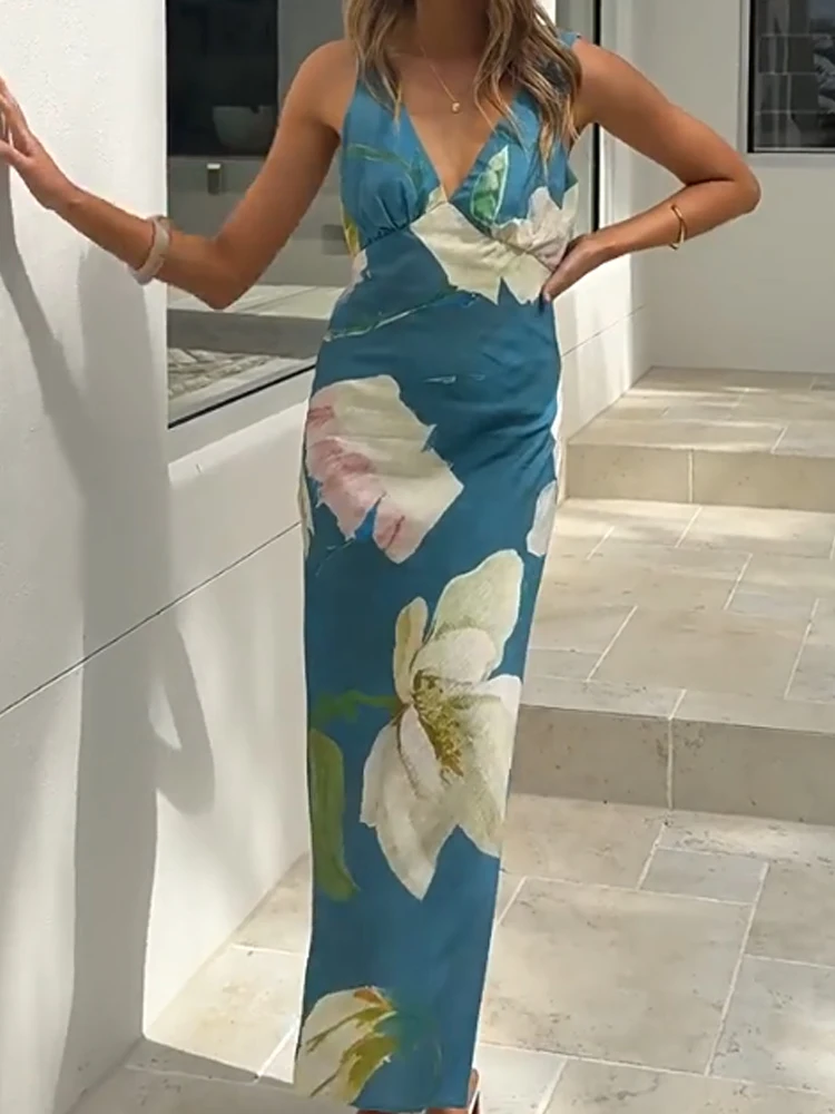 2026 Primavera Verano francés Retro vestido largo mujeres Sexy cuello pico sin mangas vestido de fiesta elegante diseño sin espalda vestidos Bohe estampados