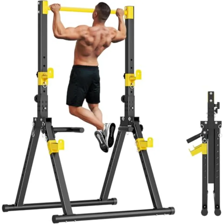 Home gym dip station pull-up bar: adjustable, foldable, triangular stability design, steel construction, black finish, space-sa