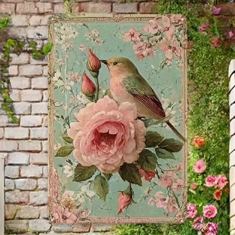 Vintage-Wanddekoration mit Metallschild und Rosen-Vogel-Kunst, einfach zu installierende rustikale Bauernhaus-Café-Haus-Garten-Terrassen-Dekoration