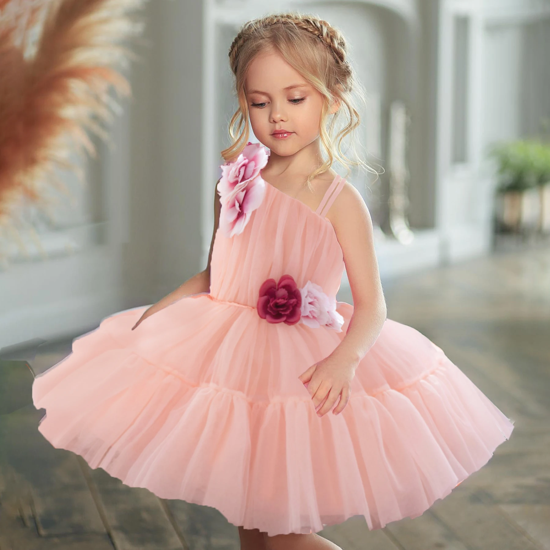 Toddler Girls 1st Birthday Party Dresses Pink Flower Kids Princess Tulle Bow Prom Gown Wedding Dresses for Girls Wedding 1-3 Yrs