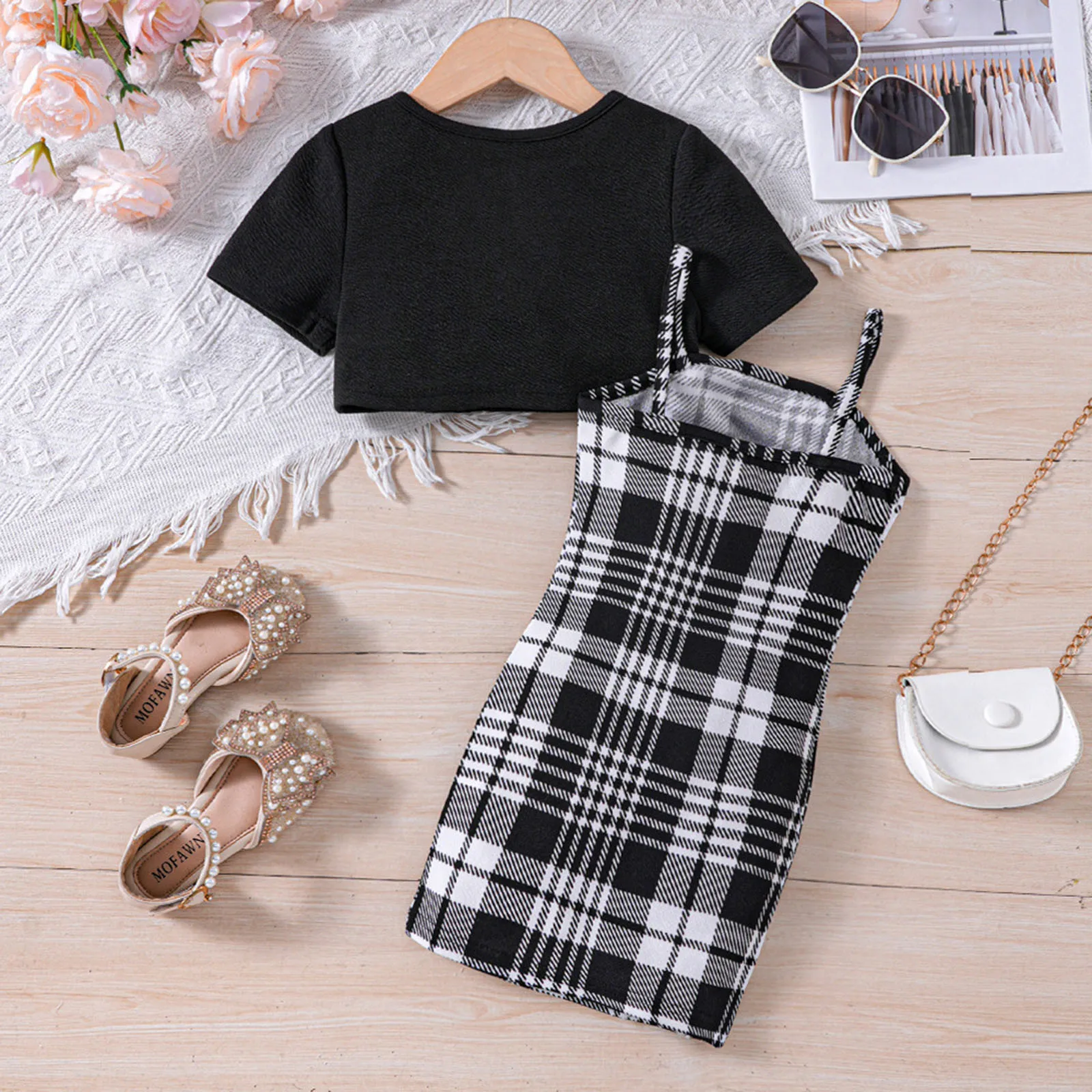 2pcs Set Baby Children Dresses Summer Hollow Outfit Cover Up+Plaid Print Hip Dress For Girls 2025 Clothes Toddler Girl Dresses