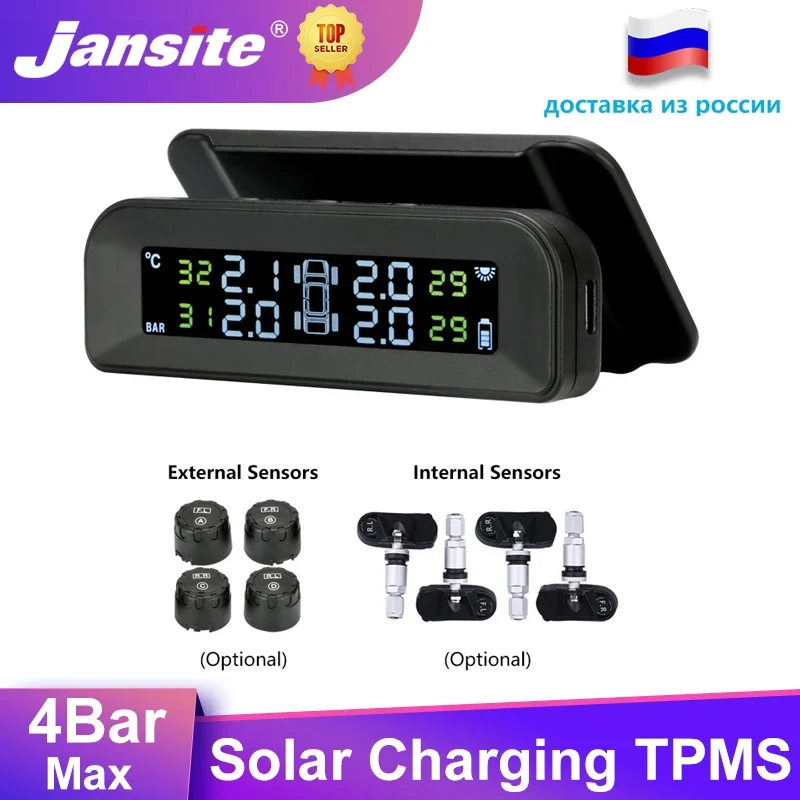 Jansite Solar TPMS Car Tire Pressure Alarm Monitor System Tire Gauge Real-time Display Attached to Glass Wireless Solar Power