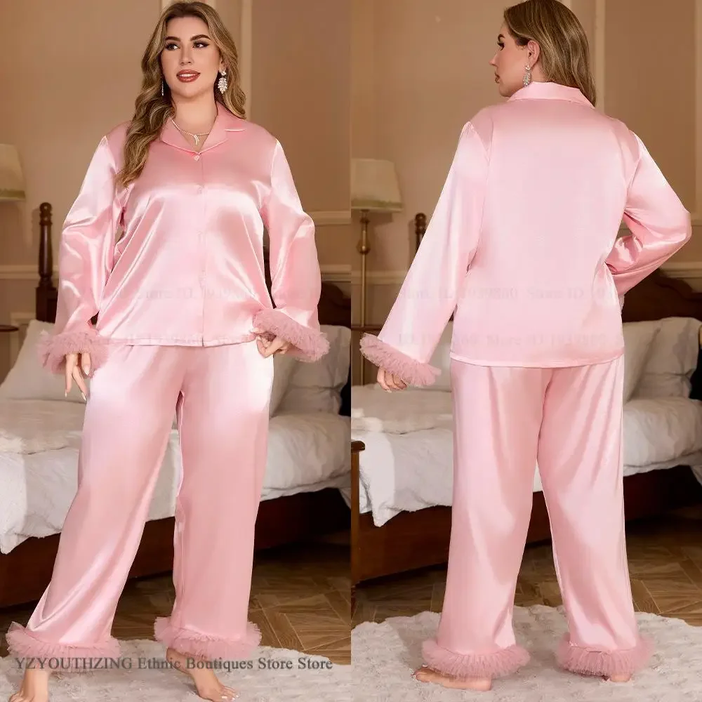 

Oversize 3XL-5XL Pajamas Spring Autumn Bride Wedding Pijamas Trouser Suits Sleepwear Sweet Pink Feather Nightwear Loose Homewear