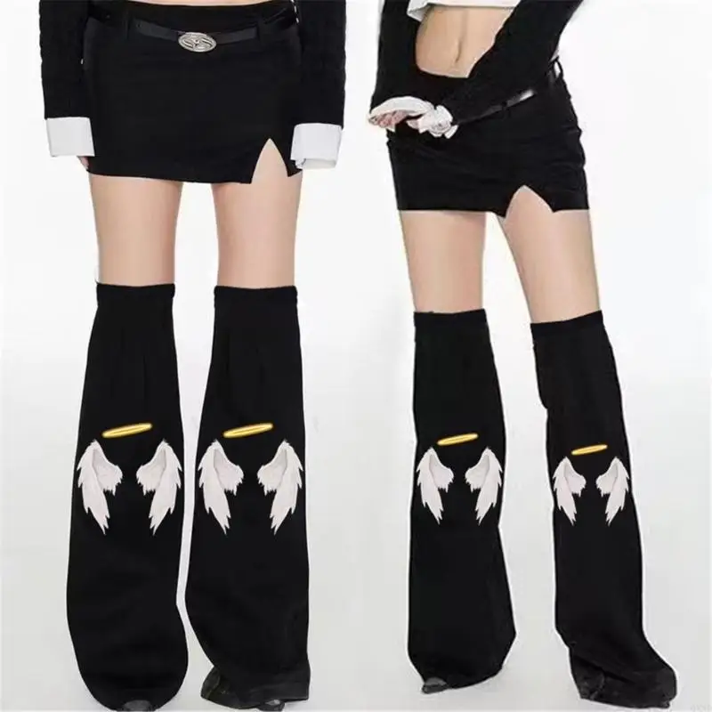 QXND Womens Punk Overknee Black Denims أغطية الساق مع Angel Wing و Halos طباعة الجرونج الساق الفضفاضة الجوارب الطويلة الجوارب