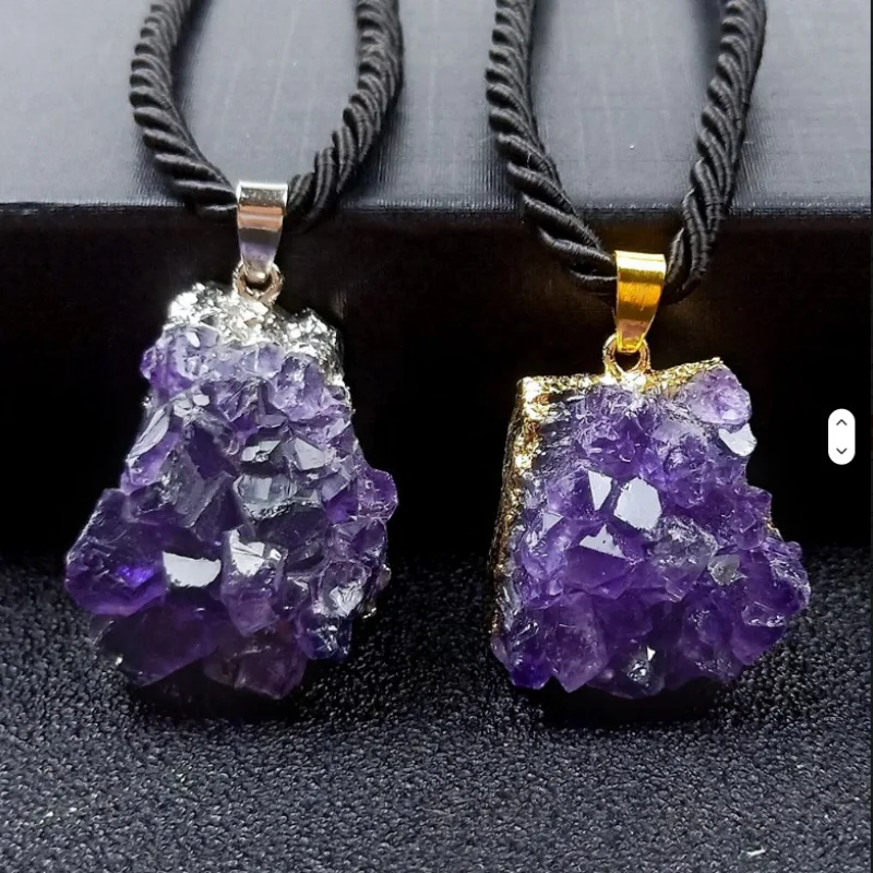 Natural Amethyst Crystal Cluster Pendant Gold Silver Edging Crystal Bud Rough Stone Necklace for Women Men Jewelry