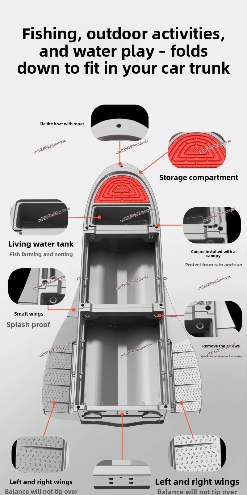 

Three-section folding boat, car-mounted portable plastic boat, stacking boat