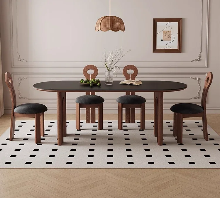 

FG44French antique retro black rock slab dining table household ash wood oval arch dining table