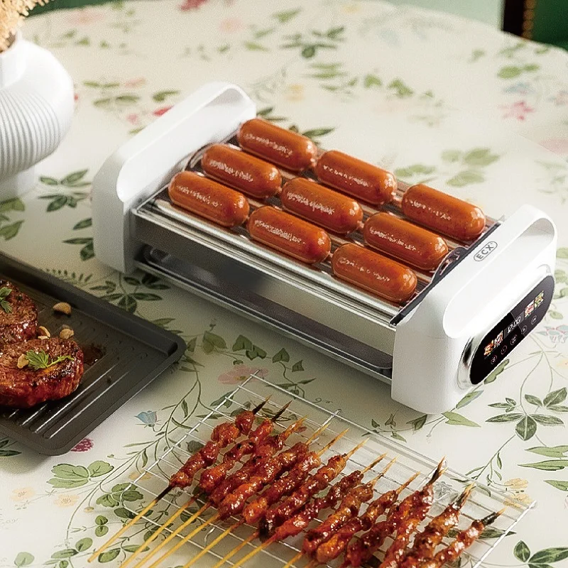 3 in 1 Automatic Sausage Machine Barbecue Machine Hot Dog Skewers Non-stick Barbecue Grill Steak Frying Pan Kebab Grill 550W