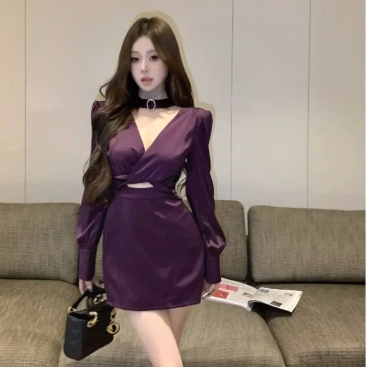 Korejepo Royal Sister Wind Purple V Neck Dress Women's 2024 Spring Dress New High End Beautiful Romantic Hip Skirt Short Vestido